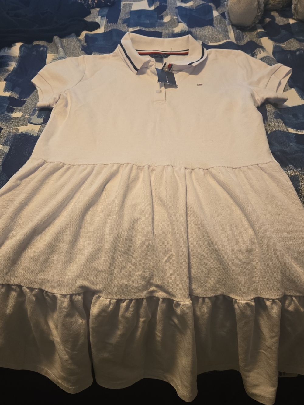 Tommy Hilfiger White Girls' Polo Peplum Dress with Navy Trim
